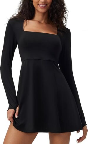 Square Neck Long Sleeves Tennis Dress One Piece Exercise Dress with Built-in Bra in Saudi Arabia