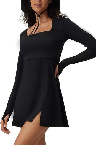 Square Neck Long Sleeves Tennis Dress One Piece Exercise Dress with Built-in Bra in Saudi Arabia