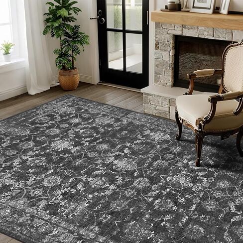 Washable Area Rug 8x10 Green Rugs for Living Room, Vintage Boho Large Rug for Bedroom Dining Room Office, Distressed Floral Print Carpet for Under Table, Soft Non Slip Low Pile Throw Carpet Indoor Mat in Saudi Arabia