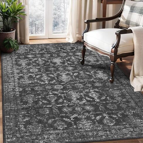 Washable Area Rug 8x10 Green Rugs for Living Room, Vintage Boho Large Rug for Bedroom Dining Room Office, Distressed Floral Print Carpet for Under Table, Soft Non Slip Low Pile Throw Carpet Indoor Mat in Saudi Arabia