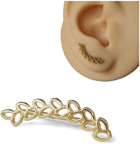 Handmade Gold Single Leaf Ear Climber Piercing Earring for Left Ear, Yellow Gold Plated over Sterling Silver, Wrap Ear Crawler for Women, Small Floral Ear Wrap, By Miya Jewelry in Saudi Arabia