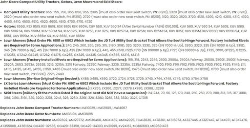 Tractor Seat Compatible with John Deere: 655, 755, 756, 855, 856, 955, 2305, 2320, 2520, 2720, 3120, 3320, 3520, 3720, 4120, 4200; Replaces LVA10029, LVA12909, LVA14067; Drilling May be Required in Saudi Arabia