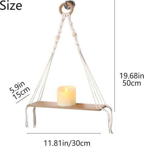 Macrame Floating Shelves for Boho Wall Decor - No Drilling Wooden Wall Shelves with Adhesive Hooks & 1-Tier Design - Decorative Storage Shelf for Bedroom, Living Room, Easy to Install (1 Tier) in Kuwait