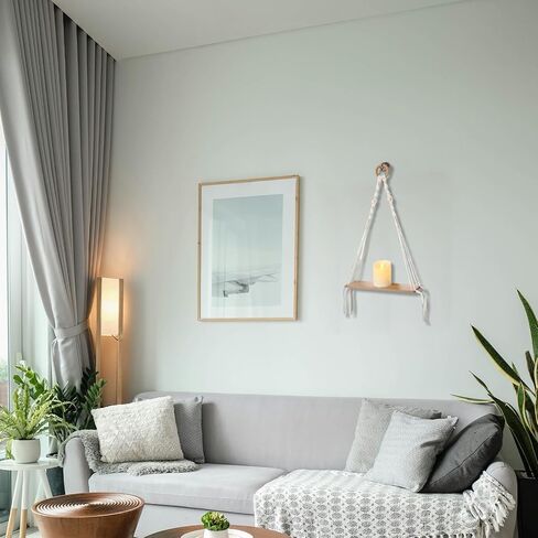 Macrame Floating Shelves for Boho Wall Decor - No Drilling Wooden Wall Shelves with Adhesive Hooks & 1-Tier Design - Decorative Storage Shelf for Bedroom, Living Room, Easy to Install (1 Tier) in Kuwait