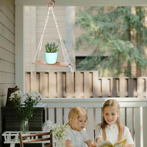 Macrame Floating Shelves for Boho Wall Decor - No Drilling Wooden Wall Shelves with Adhesive Hooks & 1-Tier Design - Decorative Storage Shelf for Bedroom, Living Room, Easy to Install (1 Tier) in Kuwait