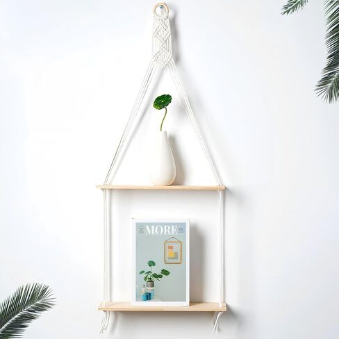 أرفف Macrame العائمة لديكور جدار بوهو - لا توجد أرفف جدار خشبية الحفر مع خطافات لاصقة وتصميم واحد - رف تخزين مزخرف لغرفة النوم ، غرفة المعيشة ، سهلة التثبيت (طبقة واحدة) in Kuwait