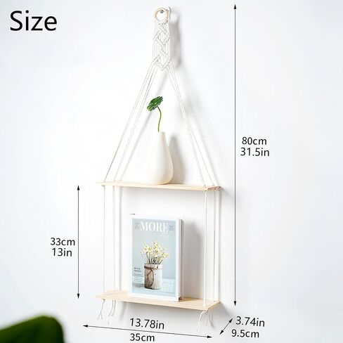 أرفف Macrame العائمة لديكور جدار بوهو - لا توجد أرفف جدار خشبية الحفر مع خطافات لاصقة وتصميم واحد - رف تخزين مزخرف لغرفة النوم ، غرفة المعيشة ، سهلة التثبيت (طبقة واحدة) in Kuwait