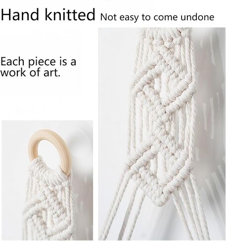 أرفف Macrame العائمة لديكور جدار بوهو - لا توجد أرفف جدار خشبية الحفر مع خطافات لاصقة وتصميم واحد - رف تخزين مزخرف لغرفة النوم ، غرفة المعيشة ، سهلة التثبيت (طبقة واحدة) in Kuwait