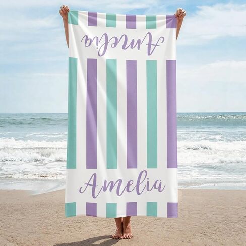 Personalized Beach Towel for Kids, Handmade Custom Girls Beach Towels with Names Striped Cotton-Poly Blend, Kids Pool Towel Monogrammed Beach Towel for Vacation (Beach Towel) in Kuwait