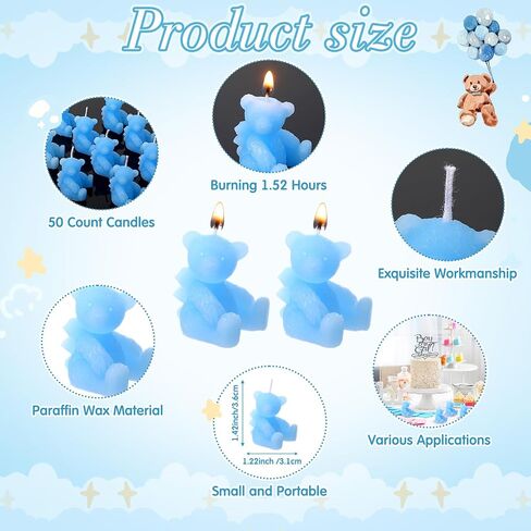 Poen 50 Sets Bear Candles Gender Canner Compe Candle 50 Bear Thank You Card You Card و Gift Boy Boy Boy Down Gifts for Guest (Blue) in Saudi Arabia