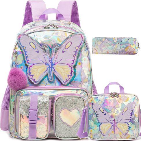 Meetbelify Backpacks for Girls School Backpacks with Lunch Box Pencil Case for Elementary Students Ages 8-10 Kids Travel Backpack 3 in 1 Backpack Set for Girls Butterfly in Saudi Arabia