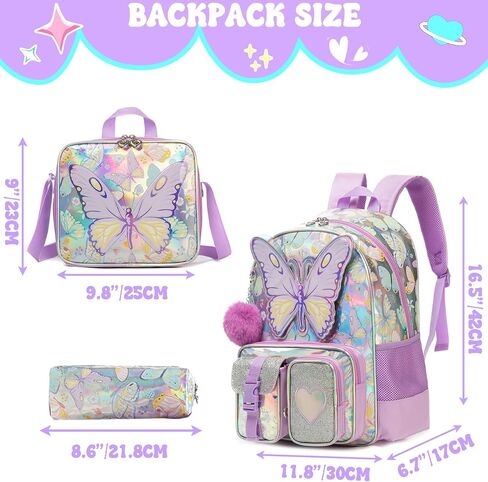 Meetbelify Backpacks for Girls School Backpacks with Lunch Box Pencil Case for Elementary Students Ages 8-10 Kids Travel Backpack 3 in 1 Backpack Set for Girls Butterfly in Saudi Arabia