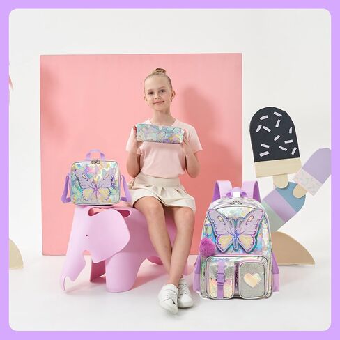 Meetbelify Backpacks for Girls School Backpacks with Lunch Box Pencil Case for Elementary Students Ages 8-10 Kids Travel Backpack 3 in 1 Backpack Set for Girls Butterfly in Saudi Arabia