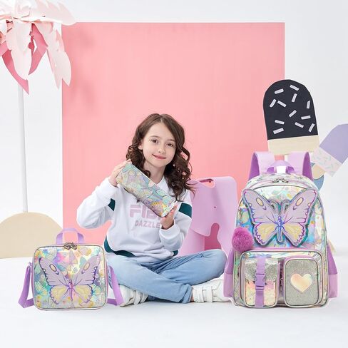 Meetbelify Backpacks for Girls School Backpacks with Lunch Box Pencil Case for Elementary Students Ages 8-10 Kids Travel Backpack 3 in 1 Backpack Set for Girls Butterfly in Saudi Arabia