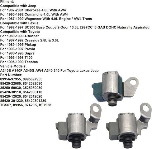 GXARTS AW4 A340 Transmission TCC Lock Up Solenoid + Shift Solenoids Kit fit for Toyota Previa Supra T100 Tacoma 4Runner Pickup fit for Jeep Wagoneer Cherokee Comanche fit for Lexus SC300 1992-1997 in Saudi Arabia