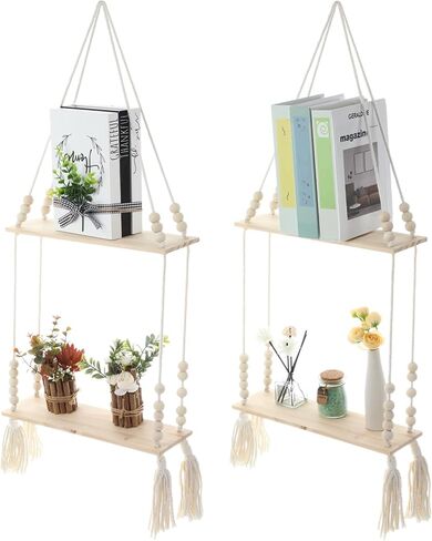 Chunful 2 Pack Macrame Wall Hanging Shelf 2-Tier Boho Wooden Display Floating Shelf Wooden Rustic Plant Rope Hanger Rack with Beads and Tassel for Wall Decor Bedroom Dorm Nursery Living Room Bathroom in Saudi Arabia
