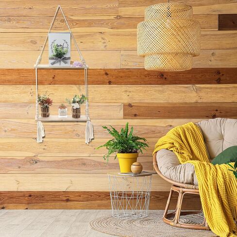 Chunful 2 Pack Macrame Wall Hanging Shelf 2-Tier Boho Wooden Display Floating Shelf Wooden Rustic Plant Rope Hanger Rack with Beads and Tassel for Wall Decor Bedroom Dorm Nursery Living Room Bathroom in Saudi Arabia