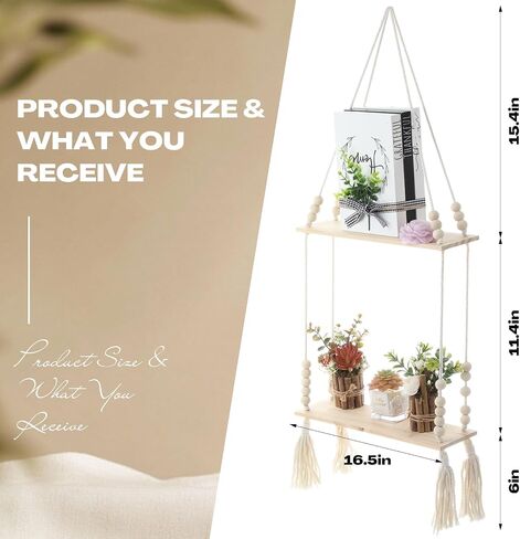 Chunful 2 Pack Macrame Wall Hanging Shelf 2-Tier Boho Wooden Display Floating Shelf Wooden Rustic Plant Rope Hanger Rack with Beads and Tassel for Wall Decor Bedroom Dorm Nursery Living Room Bathroom in Saudi Arabia