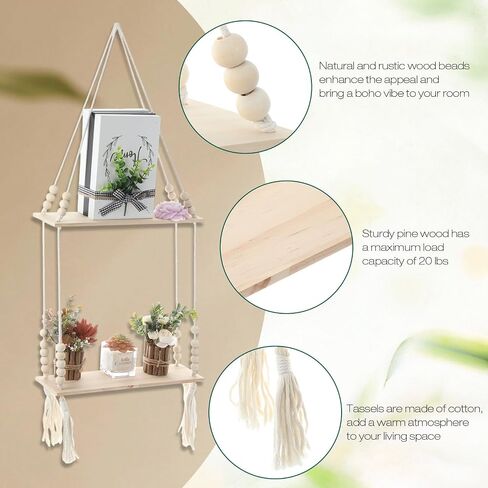 Chunful 2 Pack Macrame Wall Hanging Shelf 2-Tier Boho Wooden Display Floating Shelf Wooden Rustic Plant Rope Hanger Rack with Beads and Tassel for Wall Decor Bedroom Dorm Nursery Living Room Bathroom in Saudi Arabia