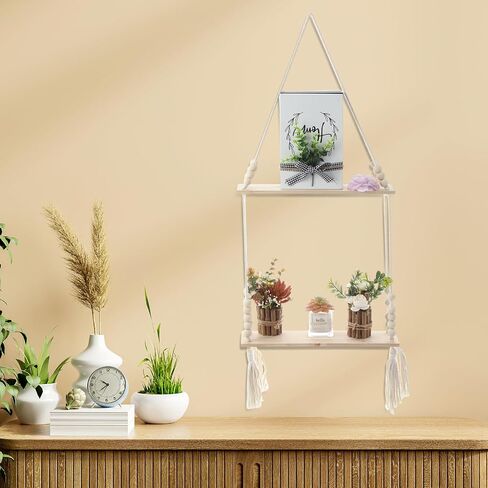 Chunful 2 Pack Macrame Wall Hanging Shelf 2-Tier Boho Wooden Display Floating Shelf Wooden Rustic Plant Rope Hanger Rack with Beads and Tassel for Wall Decor Bedroom Dorm Nursery Living Room Bathroom in Saudi Arabia
