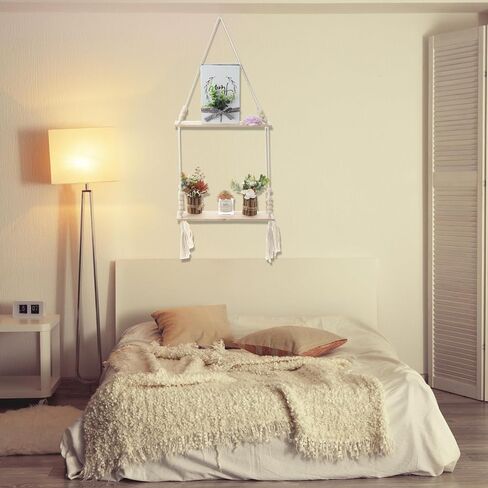 Chunful 2 Pack Macrame Wall Hanging Shelf 2-Tier Boho Wooden Display Floating Shelf Wooden Rustic Plant Rope Hanger Rack with Beads and Tassel for Wall Decor Bedroom Dorm Nursery Living Room Bathroom in Saudi Arabia