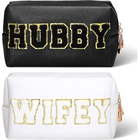 Pinkunn 2 Pcs Wifey Hubby Makeup Bag Bride Patch Cosmetic Bag Mrs Travel Toiletry Purse White Letter PU Leather Waterproof Pouch Wedding Bridal Shower Honeymoon Gift for Women Party Organizer in Saudi Arabia