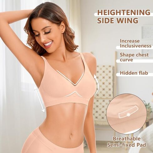 WOWENY Deep V Neck Seamless Wireless Bra for Women Soft Bralettes No Underwire Plunge Adjustable Everyday Bra with Support in Saudi Arabia