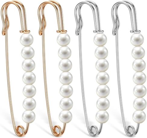 4 PCS Pearl Pins Safety ، دبابيس بروش لؤلؤة للنساء ، دبابيس السلامة الزخرفية للأزياء للملابس ، وشاح ، لباس ، سروال ، إكسسوارات تنورة ضملة الخصر (الذهب ، الفضة) in Kuwait