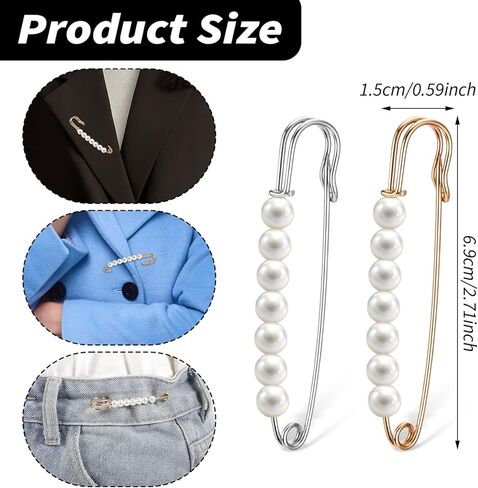 4 PCS Pearl Pins Safety ، دبابيس بروش لؤلؤة للنساء ، دبابيس السلامة الزخرفية للأزياء للملابس ، وشاح ، لباس ، سروال ، إكسسوارات تنورة ضملة الخصر (الذهب ، الفضة) in Kuwait