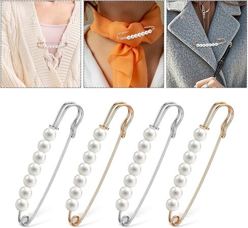 4 PCS Pearl Pins Safety ، دبابيس بروش لؤلؤة للنساء ، دبابيس السلامة الزخرفية للأزياء للملابس ، وشاح ، لباس ، سروال ، إكسسوارات تنورة ضملة الخصر (الذهب ، الفضة) in Kuwait