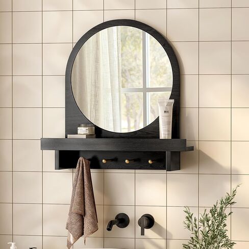 Wall Mirror with Shelf and Hooks, 20"x20" Arched Vanity Mirror Decorative Hanging Wall Mirrors Wood Frame Mirror for Bathroom Bedroom Entryway Living Room, Black in Saudi Arabia