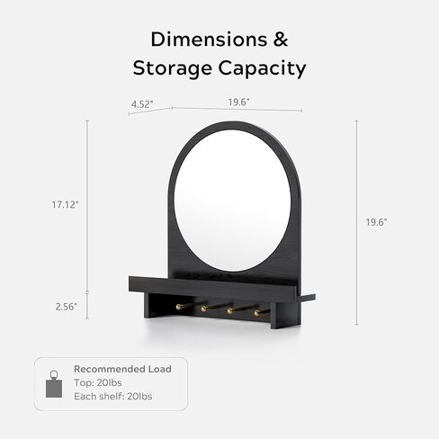 Wall Mirror with Shelf and Hooks, 20"x20" Arched Vanity Mirror Decorative Hanging Wall Mirrors Wood Frame Mirror for Bathroom Bedroom Entryway Living Room, Black in Saudi Arabia