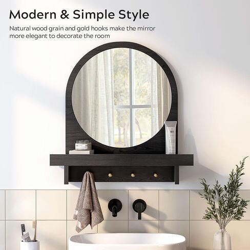 Wall Mirror with Shelf and Hooks, 20"x20" Arched Vanity Mirror Decorative Hanging Wall Mirrors Wood Frame Mirror for Bathroom Bedroom Entryway Living Room, Black in Saudi Arabia