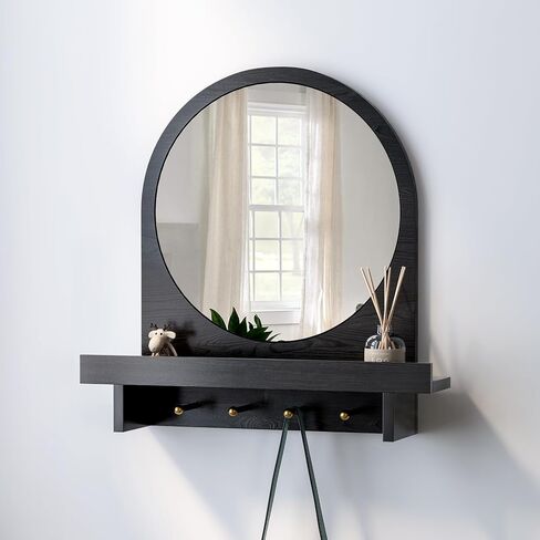 Wall Mirror with Shelf and Hooks, 20"x20" Arched Vanity Mirror Decorative Hanging Wall Mirrors Wood Frame Mirror for Bathroom Bedroom Entryway Living Room, Black in Saudi Arabia