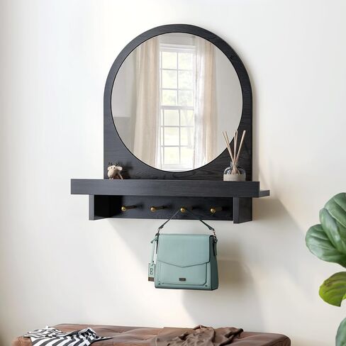 Wall Mirror with Shelf and Hooks, 20"x20" Arched Vanity Mirror Decorative Hanging Wall Mirrors Wood Frame Mirror for Bathroom Bedroom Entryway Living Room, Black in Saudi Arabia