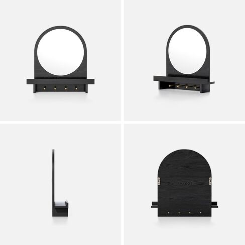 Wall Mirror with Shelf and Hooks, 20"x20" Arched Vanity Mirror Decorative Hanging Wall Mirrors Wood Frame Mirror for Bathroom Bedroom Entryway Living Room, Black in Saudi Arabia