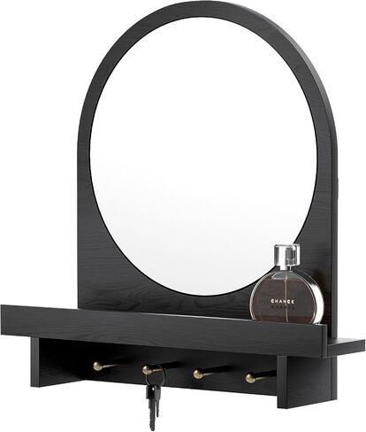Wall Mirror with Shelf and Hooks, 20"x20" Arched Vanity Mirror Decorative Hanging Wall Mirrors Wood Frame Mirror for Bathroom Bedroom Entryway Living Room, Black in Saudi Arabia
