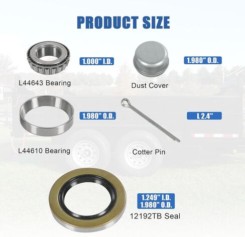 2 Sets Trailer Wheel Hub Bearings Kit L44643/L44610 Bearings (1.000" ID, OD 1.980", Width 0.580"), 12192TB Grease Seals (1.980" OD), Dust Cover and Cotter Pin for 1'' Trailer Axles in Saudi Arabia