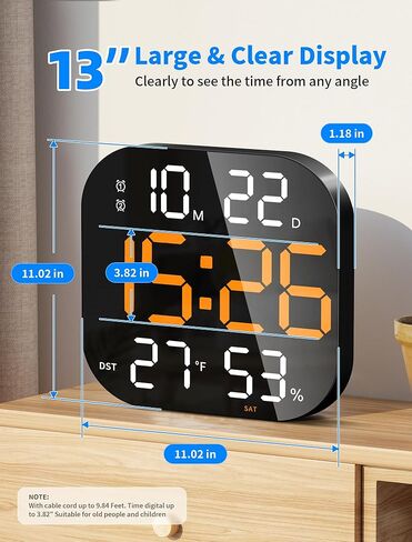 Mashi 13 "ساعة حائط رقمية كبيرة مع التحكم عن بُعد ، ديست ، مؤقت ، تلقائي ， باهتة مخصصة ، درجة حرارة ، رطوبة ، أجهزة إنذار مزدوجة ، مثبتة ، ديكور الغرفة لغرفة المعيشة ، صالة رياضية ، مرآب ، هدية للمسنين in Kuwait