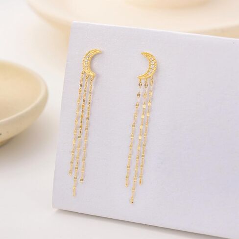 SISGEM 14k Gold Created Moissanite Moon Dangling Tassel Earrings for Women, 14kt Gold Long Chain Love Jewelry Gifts for Her in Saudi Arabia