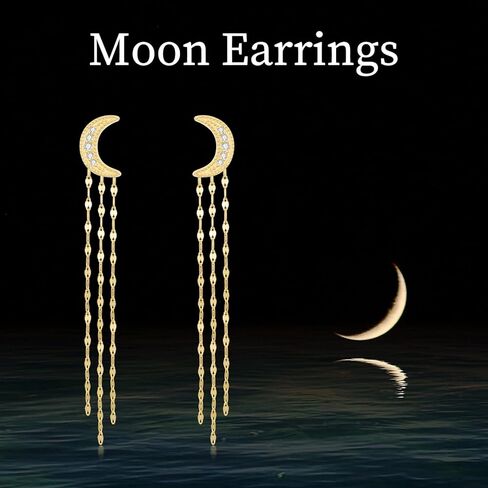 SISGEM 14k Gold Created Moissanite Moon Dangling Tassel Earrings for Women, 14kt Gold Long Chain Love Jewelry Gifts for Her in Saudi Arabia