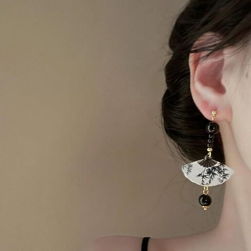 Handmade Resin Fan Dangle Earrings for Women Beautiful Sector Aesthetic Earrings Cheongsam Antique Style Chinese Japanese Vintage Lightweight Sterling Silver Stud Statement Unique Jewelry in Saudi Arabia