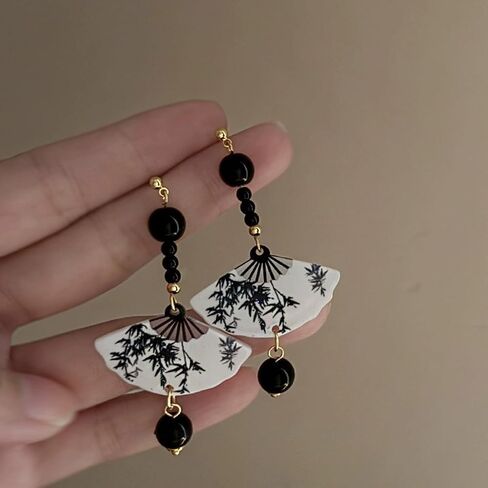 Handmade Resin Fan Dangle Earrings for Women Beautiful Sector Aesthetic Earrings Cheongsam Antique Style Chinese Japanese Vintage Lightweight Sterling Silver Stud Statement Unique Jewelry in Saudi Arabia