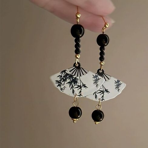 Handmade Resin Fan Dangle Earrings for Women Beautiful Sector Aesthetic Earrings Cheongsam Antique Style Chinese Japanese Vintage Lightweight Sterling Silver Stud Statement Unique Jewelry in Saudi Arabia