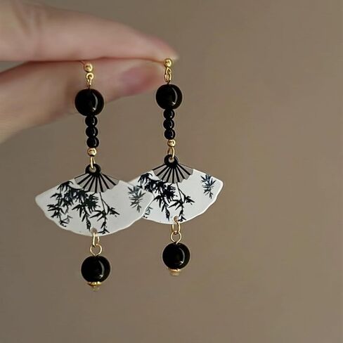 Handmade Resin Fan Dangle Earrings for Women Beautiful Sector Aesthetic Earrings Cheongsam Antique Style Chinese Japanese Vintage Lightweight Sterling Silver Stud Statement Unique Jewelry in Saudi Arabia
