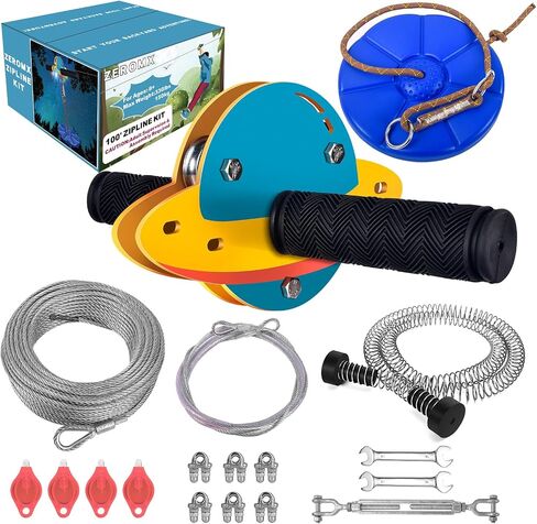 Zip Line Kit for Kids and Adults Outdoor, UFO Trolley 75/100/120/150ft Zipline for Backyard, Up to 350 Lbs, Included Swing Seat, Ziplines Stainless Steel Brake and Safety Cable in Kuwait