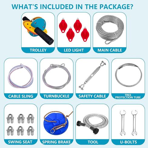 Zip Line Kit for Kids and Adults Outdoor, UFO Trolley 75/100/120/150ft Zipline for Backyard, Up to 350 Lbs, Included Swing Seat, Ziplines Stainless Steel Brake and Safety Cable in Kuwait