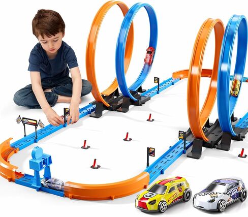 Slot Car Games Race Cars Toys for Boys Kids Age 5-7, Toy Cars Track Set with 4 Slot Cars, Loops and Circular Track, Slot Car Race Track Sets for 3 4 5 6 7 8+ Year Old Boy Girl Birthday Gifts in Saudi Arabia