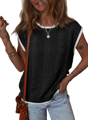 Dokotoo Tank Tops for Women Round Neck Cap Sleeve Color Block Cable Knit Womens Tank Tops Sweater Vest Women in Saudi Arabia