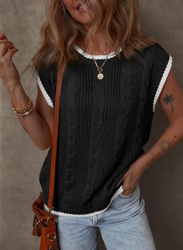 Dokotoo Tank Tops for Women Round Neck Cap Sleeve Color Block Cable Knit Womens Tank Tops Sweater Vest Women in Saudi Arabia